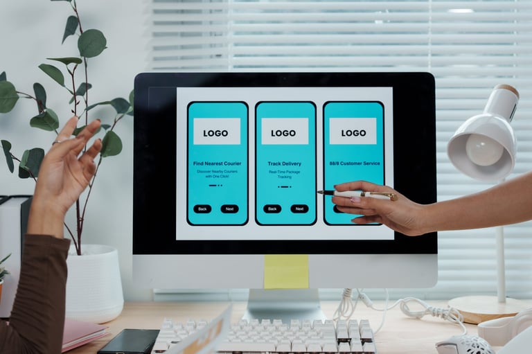 Design professionals analyzing mobile app wireframes and user interface mockups for development